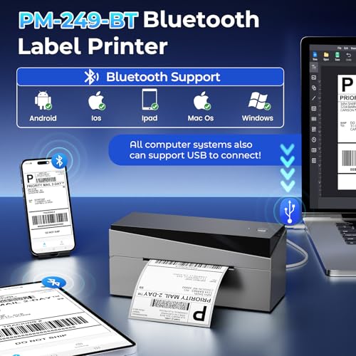 Bluetooth Shipping Label Printer 4x6, 249BT Thermal Label Printer 4x6 for Small Business, Shipping Packages, Office, Home, Compatible with Android iPhone iPad Windows macOS Tiktok USPS Etsy - Image 3