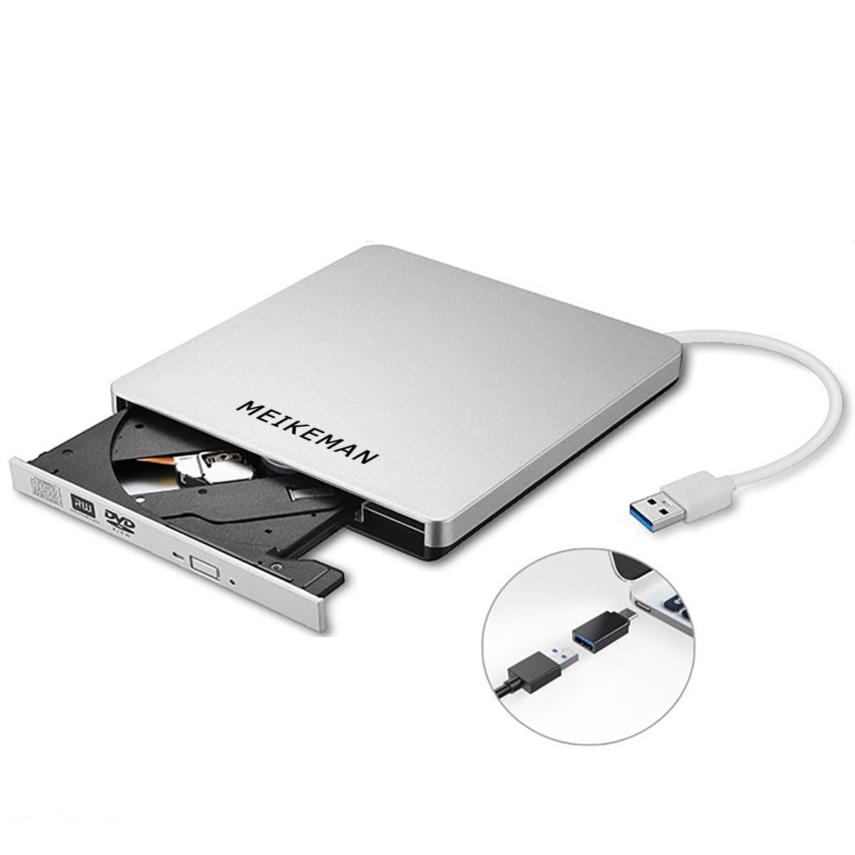 MEIKEMAN DVD/CDドライブ USB3.0&Type-C両接続 外付け 高速読取 書込可 CDレコ 軽量 薄型 Window Vista Linux Mac OS対応 高速処理 8XDVD& 24XCD