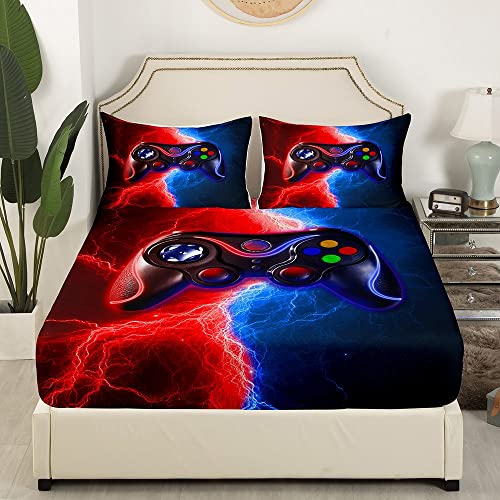 Gaming Fitted Sheet For Boys Teens Gamer Bed Sheet Full Size, Video Games Bedding Set For Kids Girls Youth Bedroom, Tie Dye Lightnings Gamepad Fitted Bed Sheets,1 Fitted Sheet+2 Pillow Cases,Red Blue #TOP2