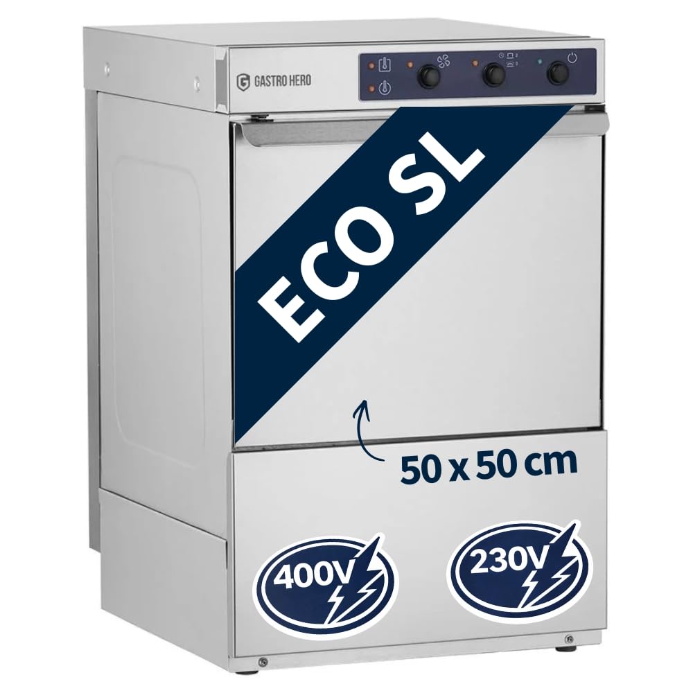 GastroHero Lavastoviglie ECO 50 x 50 cm, con dosatore detergente e brillantante, con pompa di scarico, Made in Europe, 230/400 V