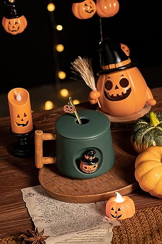 Image of DIHOclub Adorable 3D Ceramic Pumpkin Head Mug with Lid and Spoon - Perfect for Coffee, Tea, Milk, and More - Ideal Gift for Halloween - 14 Ounces (HalloweenG)