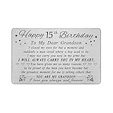 DEGASKEN Grandson 15th Birthday Card for Boys - Happy 15th Birthday Card for Grandson - Birthday Gifts for 15 Year Old Grandsons - Personalized Metal Engraved Wallet Cards