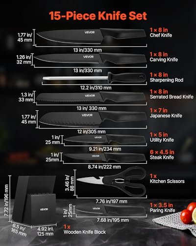 Image of VEVOR Kitchen Knife Set with Block and Sharpener, 15 Piece German High Carbon Stainless Steel Knife Set, Kitchen Cutlery with PP Ergonomic Handle, Sharpening Rod and Wooden Block, for Home Cooks