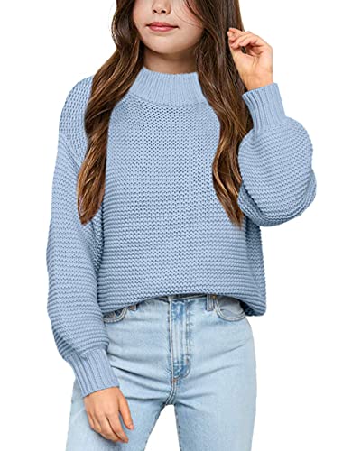 Imily Bela Girls Mock Neck Pullover Sweaters Casual Long Sleeve Knit Jumper Tops Blue #TOP18