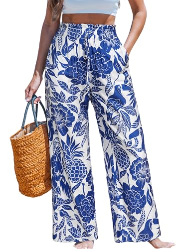 Image of CUPSHE Women's Wide Leg Beach Pants - Tropical Floral with Pockets Plus Size Casual Flowy Vacation Bottoms