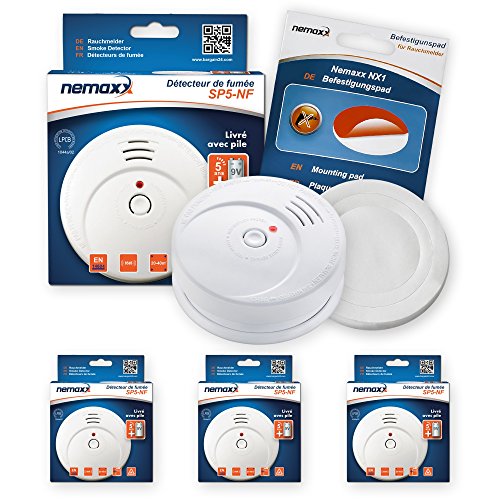 Preisvergleich Produktbild 3X Nemaxx SP5-NF Feuermelder - hochwertiger batteriebetriebener Rauchwarnmelder 9V Alkalibatterie - weiß + NX1 Befestigungspad