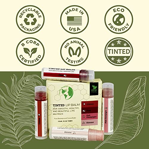 Tinted Lip Balm By Earth’s Daughter – 4 Pack Of Assorted Colors – Beeswax, Coconut Oil, Cocoa Butter, Vitamin E – Moisturize And Beautify – Paraben Free #TOP4