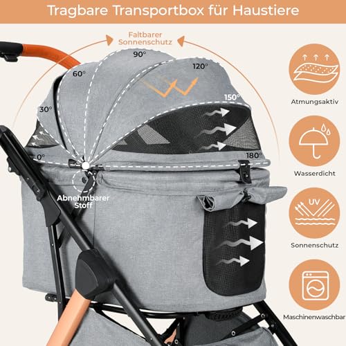 MAMIZO Faltbarer Hundebuggy One-Touch, Faltbar Katzenwagen, Bis 25 kg, Aluminium-Carbonstahl-Gestell, Höhenverstellbarer Griff, Getränkehalter, 4 PCS 360° Gummiräder, für kleine Hunde Katz, Dunkelgrau