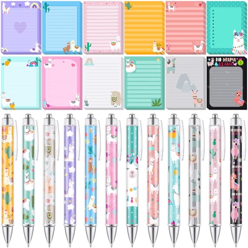 24 Pcs Llama Sticky Notes with Pens Alpaca Themed Gifts Party Favors Cute Notepad Memo Notes Pads Black Ink Ballpoint Pen for Llama Lover Women Christmas Gifts Office School Students Teacher Supplies