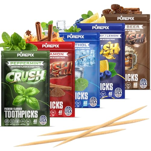 PurePix Crush Flavored Toothpicks Quit Smoking Support Thick Birchwood Infused Sticks in 5 Bold Flavors 200 Picks Bulk Pack with 40 Count Pouches Quit Smoking Gift Vegan & Gluten-Free Made in USA