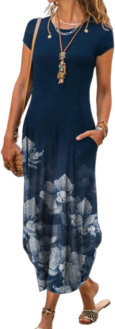 AHAIJ Women Summer Casual Maxi Dress Floral Printed Loose Pockets Short Sleeve Split Boho Dresses size medium