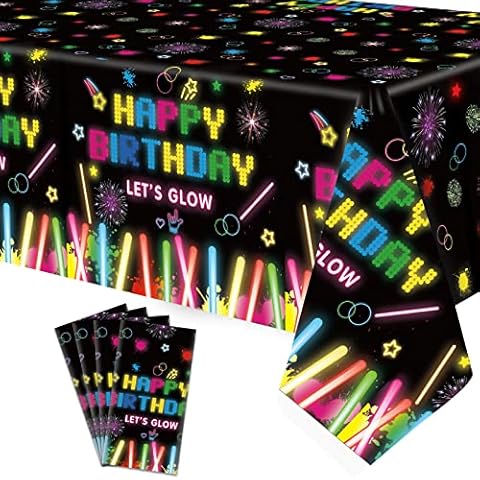 4 Pack Glow Party Table Covers Neon Party Tablecloth 51x86 Inch Glow Party Tablecloth Neon Glow Table Cover Glow in The Dark Birthday Party Table Cloth Black Light Table Cloths Let's Glow Tablecloth Cover