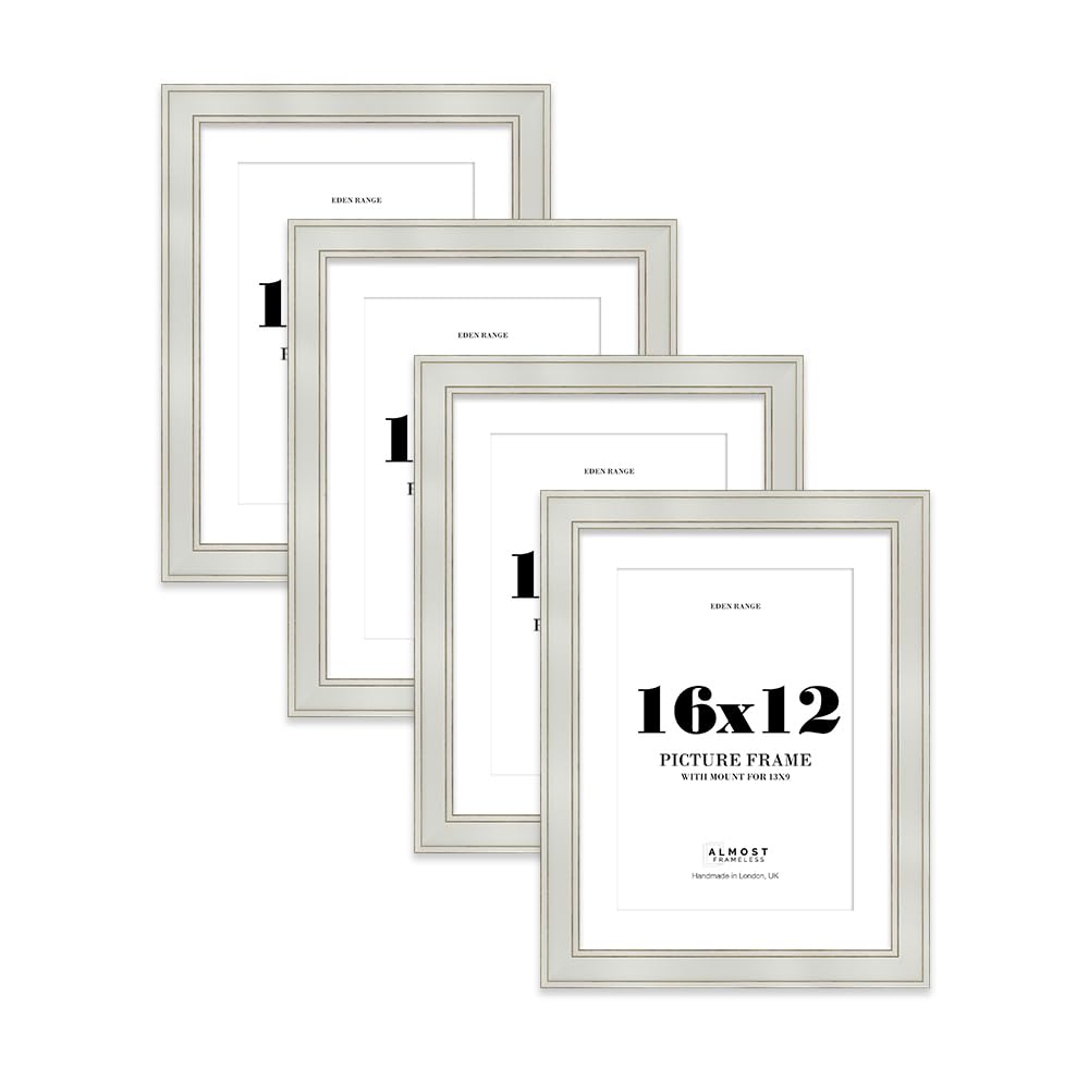 16x12" Light Grey Picture Frame with 13x9" Mount - Shabby Chic Photo Frame with Distressed Finish, Gold Trim, Wall Hooks, 37mm Edge - 4 Pack