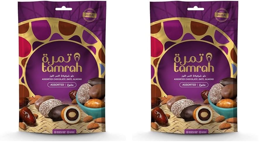 Tamrah Assorted Chocolate Caramel, Milk, Dark, and Coconut | Premium Pure Chocolates with Crunchy Almonds Stuffed Inside Succulent Dates, Perfect for Birthdays and Special Occasions – 600g Zipper Bag Pack of 2