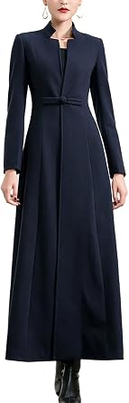 Womens Woolen Blend Ankle Length Long Trench Coat Stand Collar Outwear Overcoat