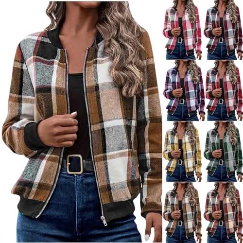 Shackets for Women 2025 Fashion Casual Zip Up Flannel Plaid Jackets Long Sleeve Baggy Outwear Coat Fall Clothes