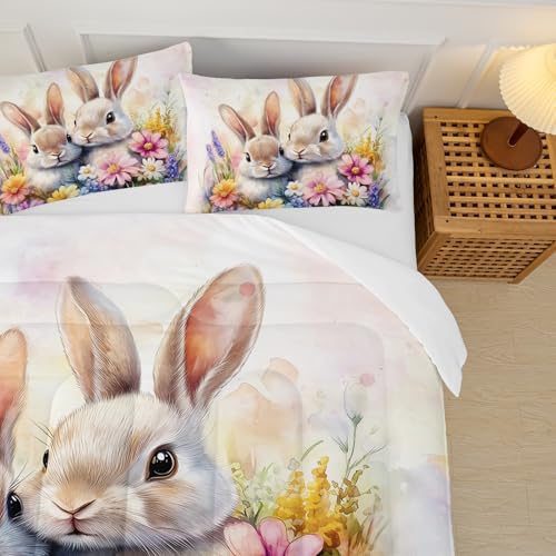 Image of Cute Rabbit King Comforter Set for Kids,Kawaii Bunny Quilt Set for Boys Girls,Rural Farm Animals Fluffy Rabbit Flowers Garden Bed Set,Pink Watercolor Bedding Set for Bedroom Decor