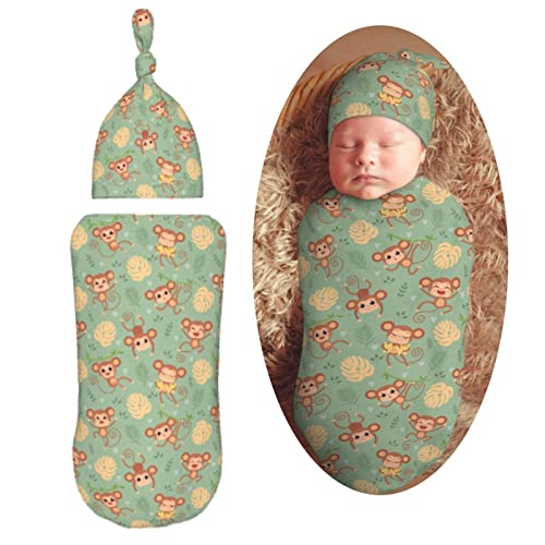 Image of Muishi Wild Cute Animals Monkey On Tree Newborn Swaddle Blankets Hat Sets Soft Baby Receiving Blanket Swaddle Sack for Baby Shower Infant Boy Girl Gift