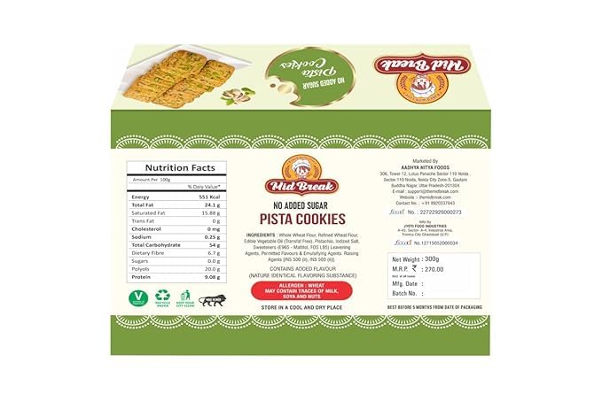 Image of Midbreak No Added Sugar Pista Delight Biscuits 300g (Pack of 2) | Rich Pistachio Cookies | Low Glycemic, High Fiber | Wholesome Healthy Snacking
