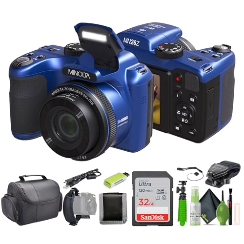 Minolta 20 Mega Pixels 26x Optical Zoom Digital Camera with 1080p FHD Video Bundle with 32 GB Memory Card + Vlogging Tripod + Cleaning kit + More Accessories - Blue