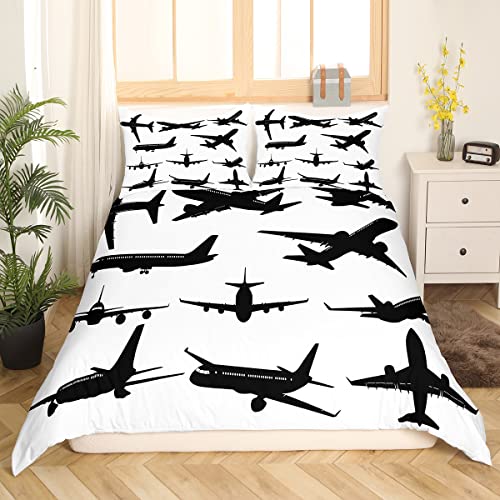 Feelyou Kids Airplane Bedding Set Queen Size Flight Duvet Cover for Boys Girls Teens Bedroom Decor Travel Comforter Cover Set Women Men Aircraft Black and White Bedspread Cover with 2 Pillow Case