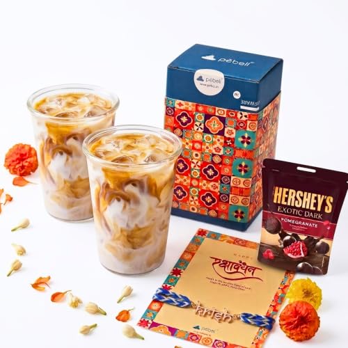 Image of PEBELLIFEWARE Personalized Rakhi Gift Hamper for Brother - Glass Tumblers | Set of 2 Borosilicate Glass Tumblers 345ml with Customized Name Brass Rakhi Thread, Card & Luxury Gift Box