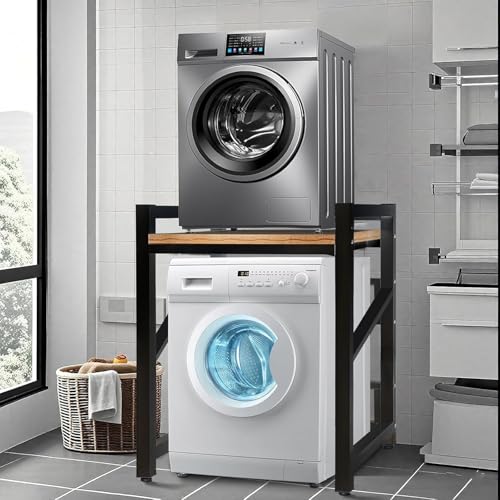 Washing Machine Storage Rack Height Adjustable Washer Dryer Stacking Rack with Adjustable Shelves 1.2mm Wall Thickness Load Capacity 350kg for Bathrooms Laundry Rooms Balconies (black02)