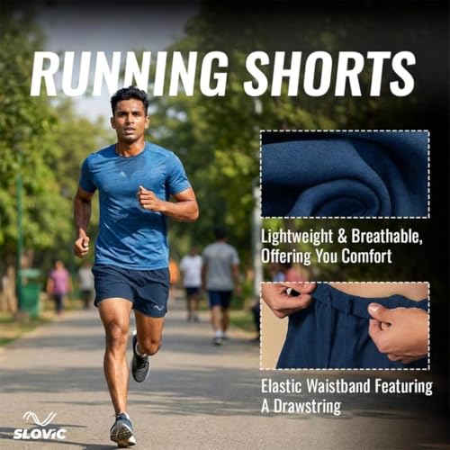 Image of SLOVIC Running Shorts for Men | Durable Gym Shorts for Men Workout | Breathable Mens Running Shorts with Phone Pocket | Ideal for Sports, Gym, Home Comfort | Black