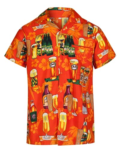 REDSTAR Mens Hawaiian Shirt Short Sleeve STAG Beach Holiday Beer Bottle Design Fancy Dress Hawaii (XXL Orange)
