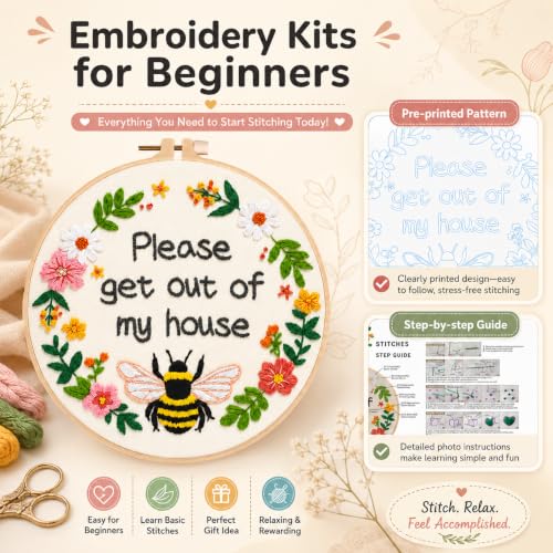 Image of Nuberlic Please Get Out of My House Embroidery Kit, Stitch Craft Set | Pre-Printed Fabric, Hoop, Threads, Needles,Guide Included. A Funny DIY Needlework Kit for Beginners, Gifts and Home Decor.