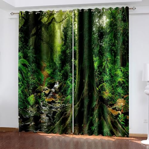 Juego de 2 paneles de cortinas largas de 160 cm, cortinas largas de poliéster con paisaje de árboles y arroyos, cortinas opacas para cocina, dormitorio, 2 piezas, 42 pulgadas de ancho x 63 pulgadas de
