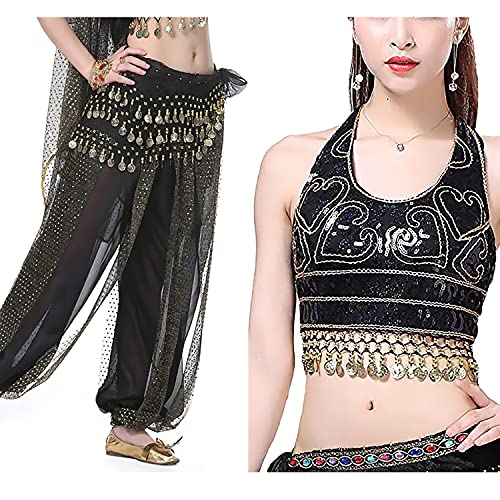 Image of VRITRAZ Women's Chiffon Belly Dance Chiffon Top, Harem Pants and Hip Scarf Ringy Golden Coins Fancy Pants