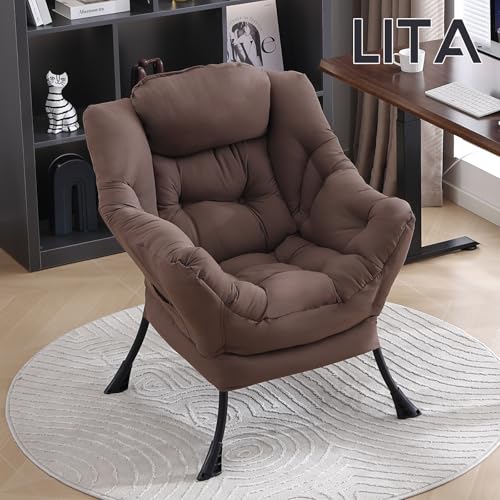 Image of LITA Lazy Chair with Armrests and Side Pocket, Modern Upholstered Accent Reading Chair for Living Room, Bedroom, Dorm, Small Spaces, Single Dark Brown