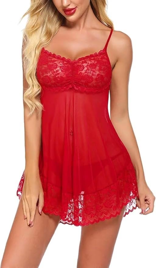 Red Lace Babydoll Nighty for Women, Transparent Mesh Chemise Lingerie with Panty, Soft Stretch Sleepwear, Adjustable Strap Nightdress-picture-22