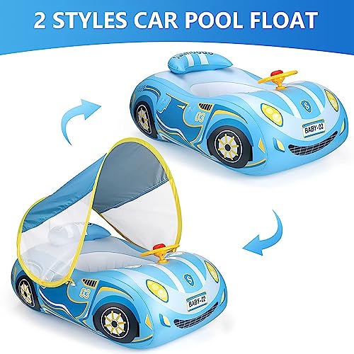Image of Baby Pool Float with Canopy, PVC Baby Swim Float with Sun Shade Cover, 3D Car Toddler Pool Float Swimming Floats Seat Boat for 12-18, 12-24 Months, Age 2-3, 3+ Years (Blue Canopy)