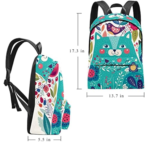 Grote Canvas Rugzak College School Mannen & Vrouwen Kitty Omringd door Vogels Bloemen Lieveheersbeestjes, Multicolor