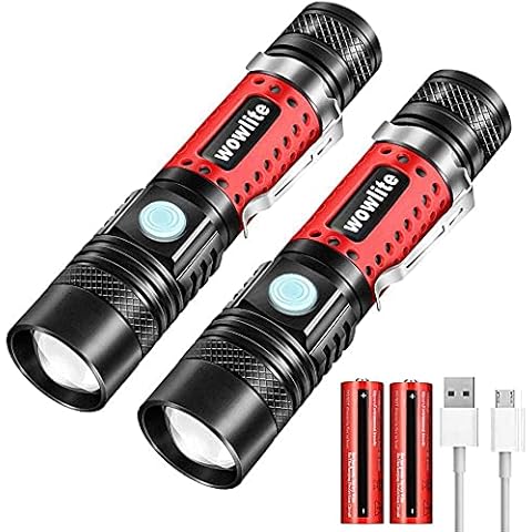 LED Torch [2 PACK], Wowlite Torches Super Bright Powerful USB Rechargeable Torch Flashlight, 4 Light Modes, Zoomable, Pocket Torch for Camping Hiking Gift (Red) Cover