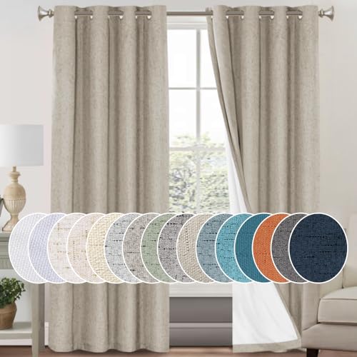 Image of PrinceDeco 100% Blackout Curtains for Bedroom Linen Textured Curtain Panels 84 inches Long Energy Smart & Noise Reducing Blackout Drapes for Living Room Burlap Fabric with White Liner(2 Panels, Stone)