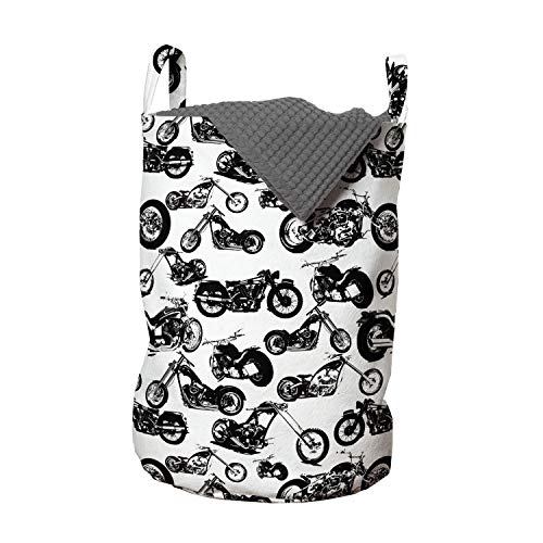 Image of Ambesonne Motorcycle Laundry Bag, Retro Chopper Pattern Monochrome Motorbike Design Adventure Cruising Theme, Hamper Basket with Handles Drawstring Closure for Laundromats, 13" x 19", Black White