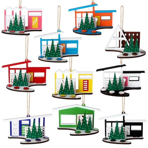 Thyle 10 Pcs Mid Century Modern House Ornaments Wooden House Hanging Ornaments Rustic Putz Style Hanging Decorations with Rope 4.5 x 2.5 in for Holiday Easter Home Tabletop Mantel