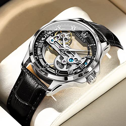 OLEVS Skeleton Automatic Watches for Men Black Leather Band Watches Luxury Big Black Face Mechanical Automatic Self Wind Watch Original Unique Dress Waterproof Men Watch relojes para Hombres — view 3