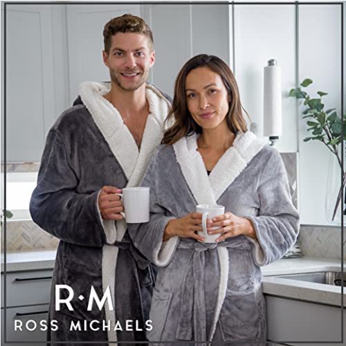 Ross Michaels Mens Robe Hooded Sherpa Big and Tall - Long Plush Spa Bath Robe with Hood and Pockets - Gifts Men Gray2