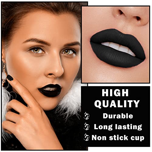 Dark Black Matte Lipstick Liquid Lipstick Velvet Lip Gloss Lip Stain Long Lasting Waterproof Non-Stick Cup Lip Stick Halloween Lipstick Lip Tint Makeup Labiales Mate 24 Horas Originales - 06 Black #TOP2