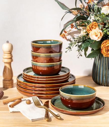 Image of GBHOME Dinnerware Sets for 4, 12 Pieces Ceramic Plates and Bowls Set