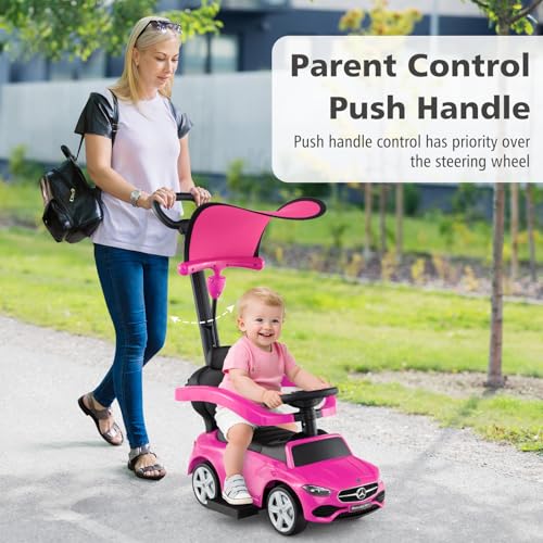 Image of Licensed Mercedes Benz Push Car for Toddlers by INFANS, 3 in 1 Sliding Walking Car with Push Handle, Horn, Music, Underneath Storage, Foot-to-Floor Ride on Toys for Boys Girls, Pink