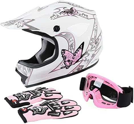 DOT Youth Kids Motocross Offroad Street Dirt Bike Helmet Youth Motorcycle ATV Helmet with Goggles Gloves Pink Butterfly M