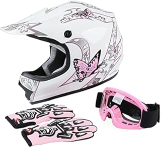 DOT Youth Kids Motocross Offroad Street Dirt Bike Helmet Youth Motorcycle ATV Helmet with Goggles Gloves Pink Butterfly S