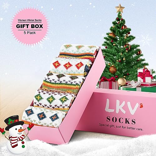 LKV 5 Pairs Wool Socks for Women - Cute Fuzzy Warm Colorful Crew Socks for Women Winter Christmas Stocking Stuffers Gifts2