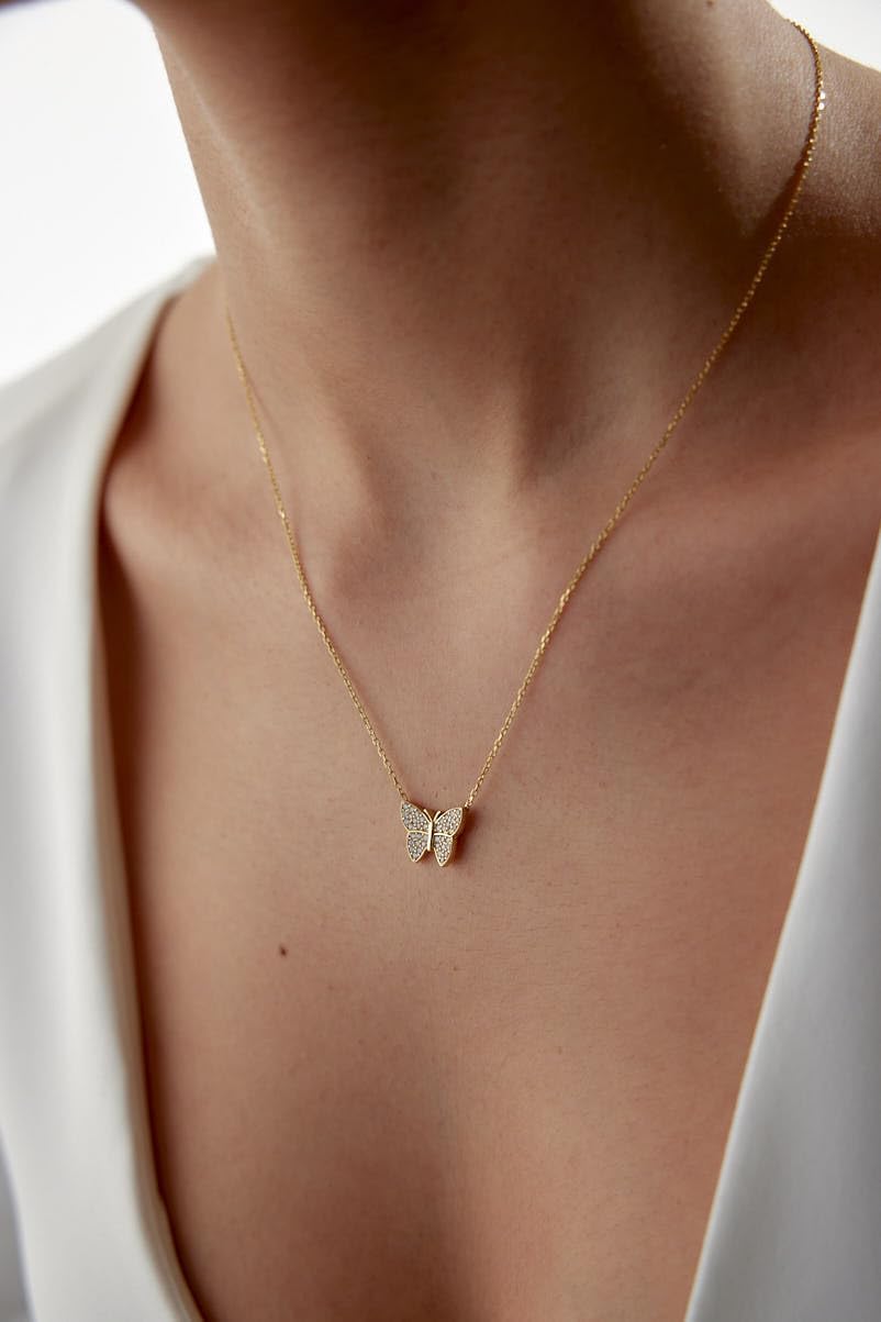 Diamond Butterfly Necklace - MONARCH Butterfly Pendant, 18K Gold Plated with Diamond Cubic Zirconia. Elegant Dainty Silver Jewelry Gift for Women