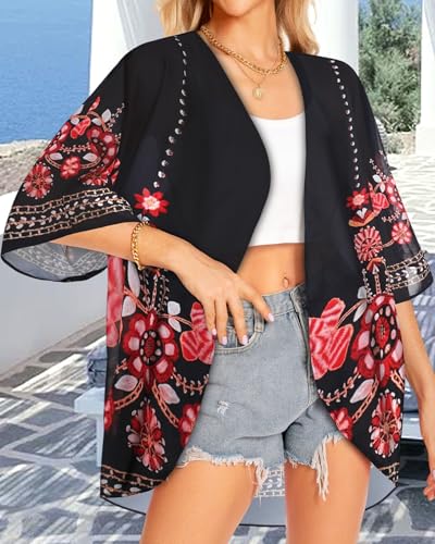 Image of Women Kimono Cardigans Casual Summer Tops Cover up Open Front Floral Print Resort Wear 2026
